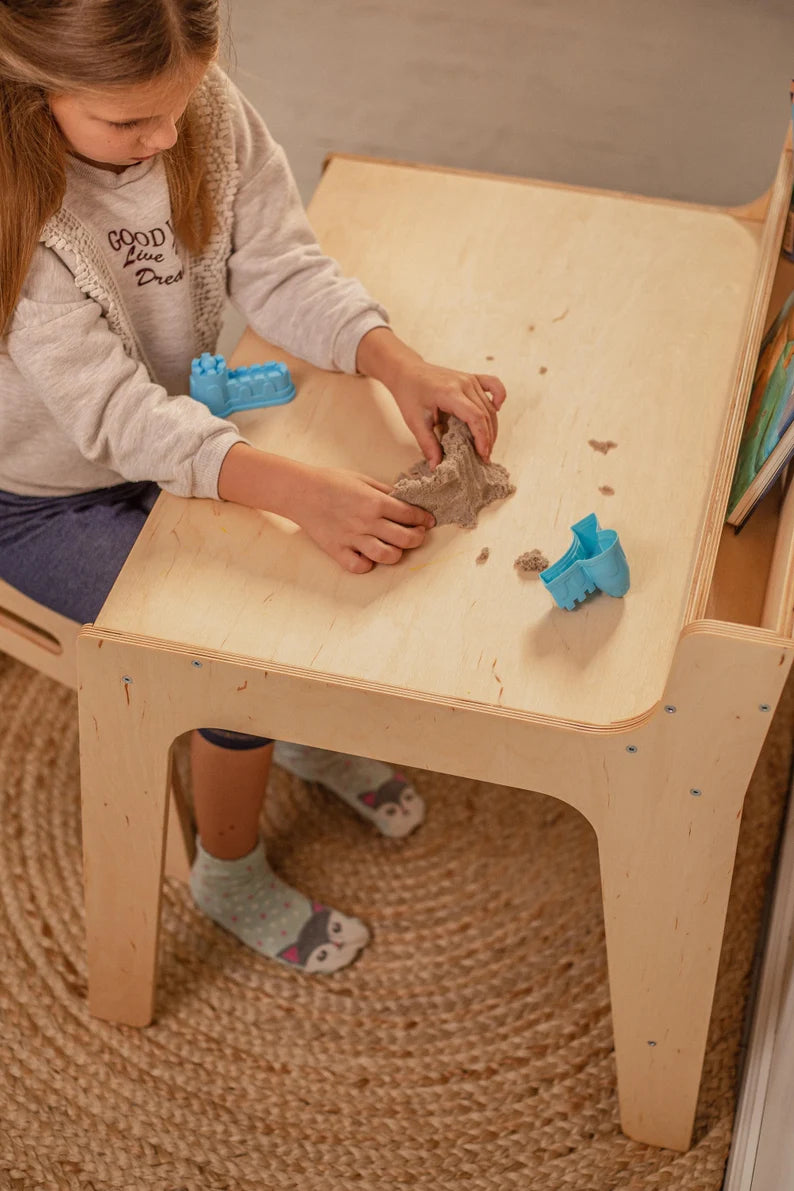 Preschool Learning Set Table with Bookshelf and chair
