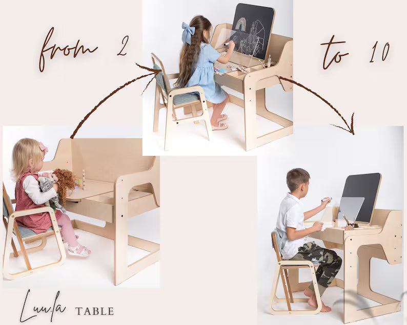 Adjustable Multisensory Art/ Learning Table/ Desk & Chair Set with Chalk Blackboard