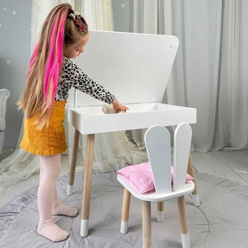 Montessori Kids Desk with Bunny Chair: Handmade Wooden Storage