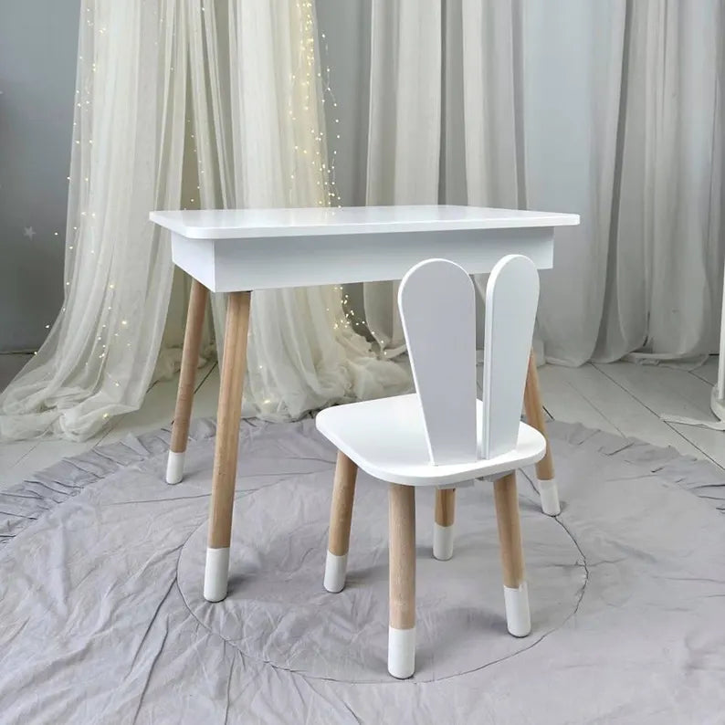 Montessori Kids Desk with Bunny Chair: Handmade Wooden Storage