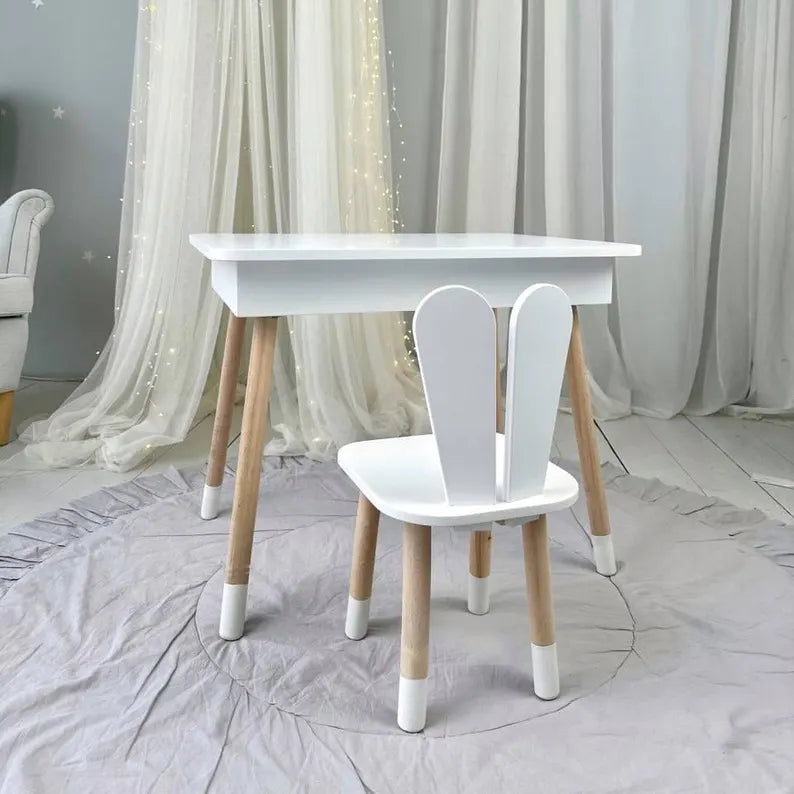 Montessori Kids Desk with Bunny Chair: Handmade Wooden Storage
