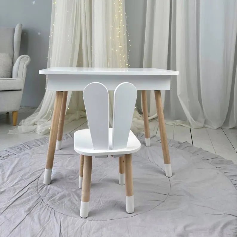 Montessori Kids Desk with Bunny Chair: Handmade Wooden Storage