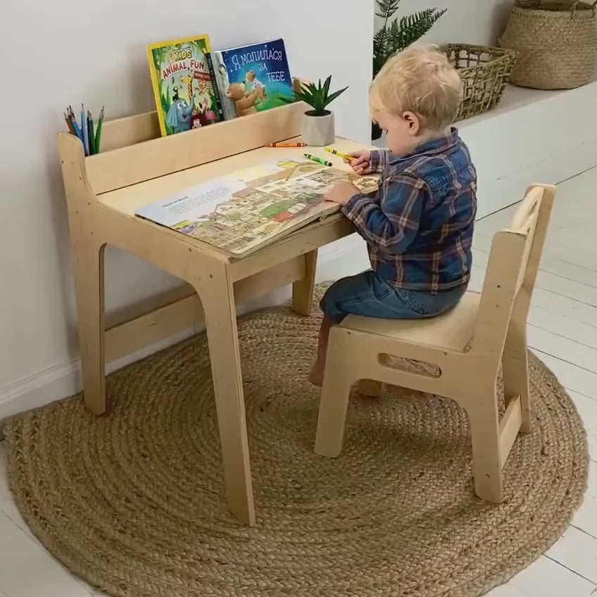 Preschool Learning Set Table with Bookshelf and chair