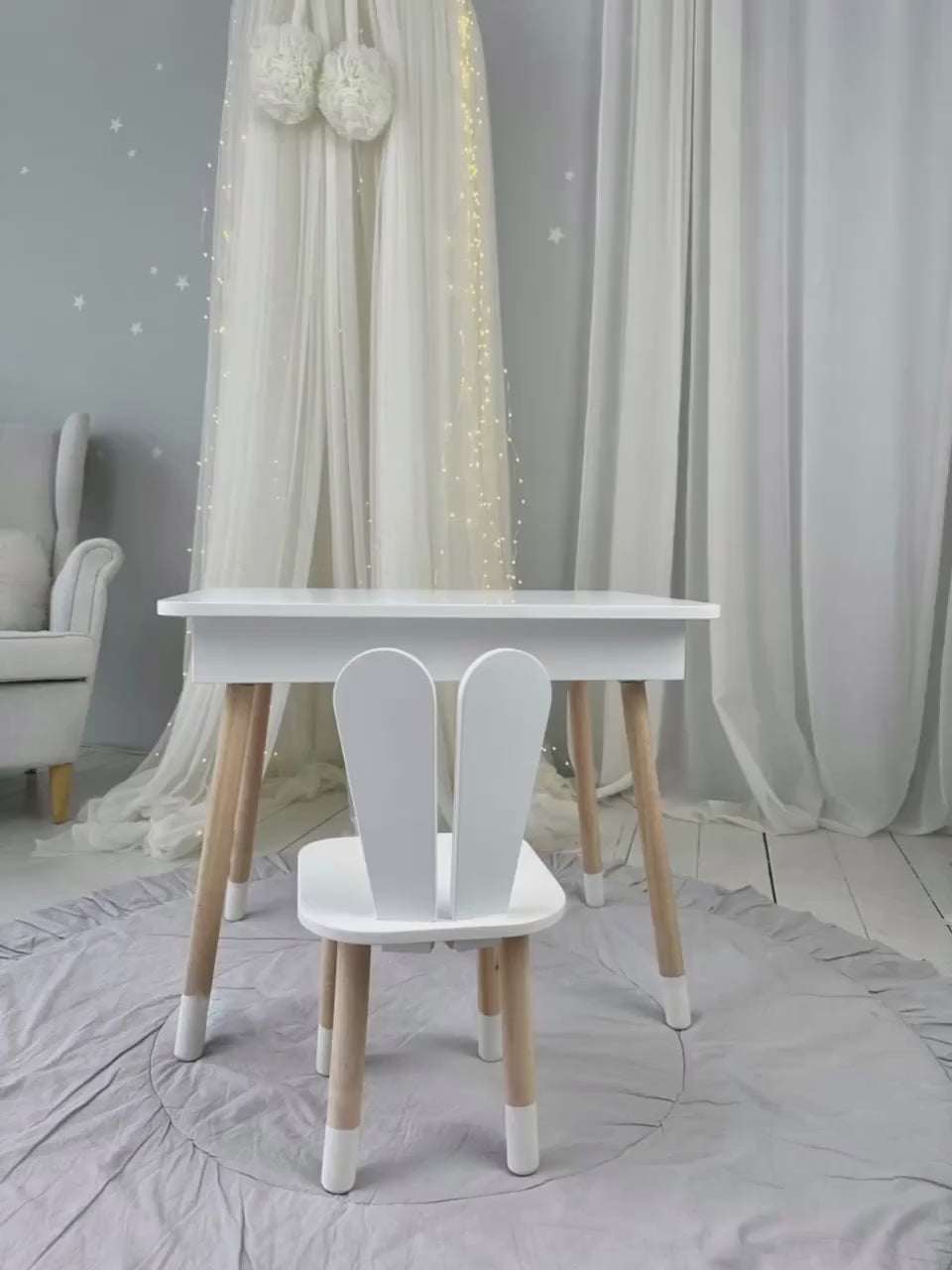 Montessori Kids Desk with Bunny Chair: Handmade Wooden Storage