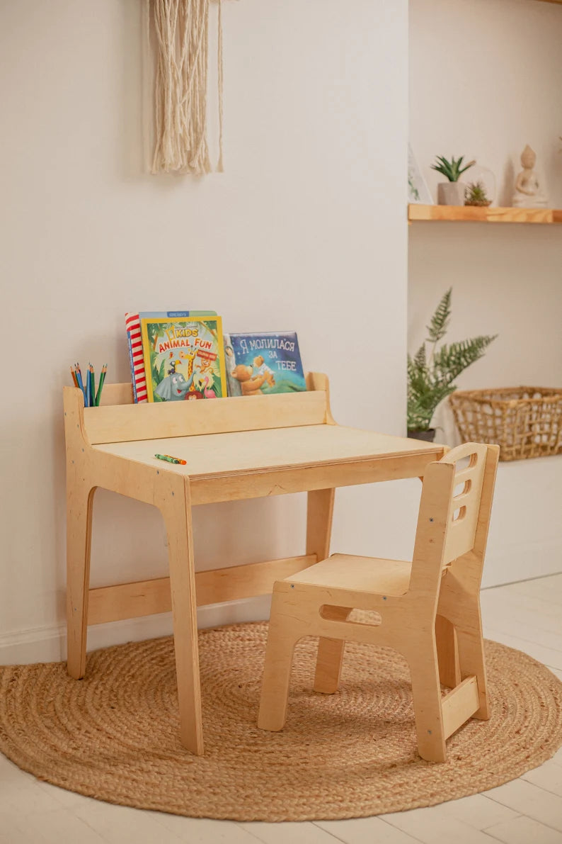Preschool Learning Set Table with Bookshelf and chair