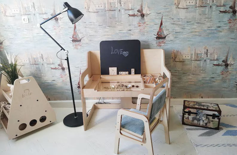 Adjustable Multisensory Art/ Learning Table/ Desk & Chair Set with Chalk Blackboard
